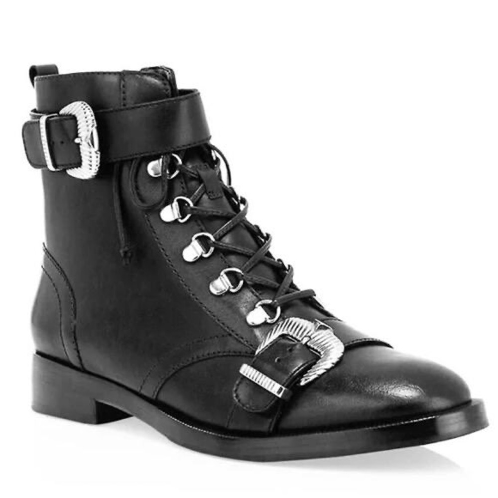 Schutz Black Leather Buckle Combat Ankle Boots 7.5B Western Grunge eml biker